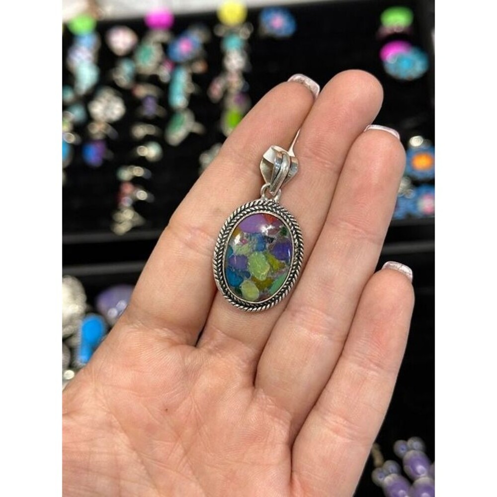 Rainbow Dahlia Oval Sterling Overlay Pendant